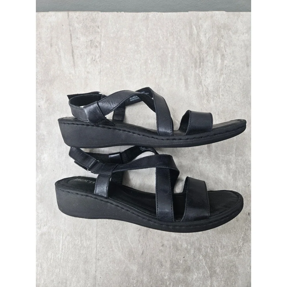 Born Strappy Low Wedge Sandals 11 Black Leather Slingback Comfort Summer Walking